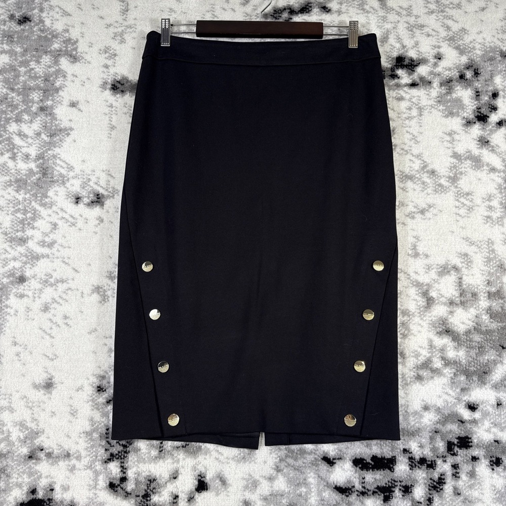 Ted Baker Skirt Womens Size 4 Black (32 Waist) Buttons Midi Viscose Stretch